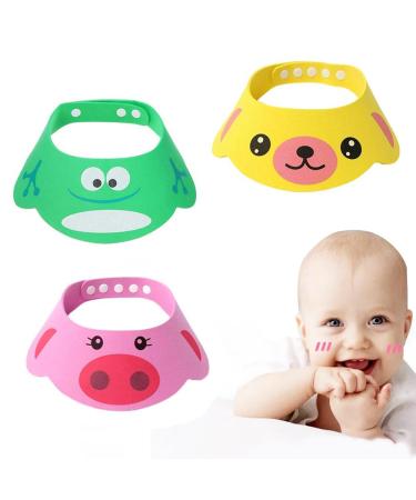 3Pcs Soft Adjustable Shampoo Shower Bathing Protection Cap Cartoon Hat Wash Hair Hat Frog Pig Bear Hat Silicone Shower Hat for Toddlers Baby Children & Kids to Keep The Water Out of Their Eyes & Face