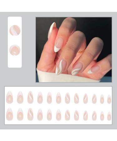 Kyzistn French False Nails Short - White Swirl Almond Press On Nails 24Pcs with Glue - Oval Fake Nails for Women & Girls - Buy Online on GoSupps.com