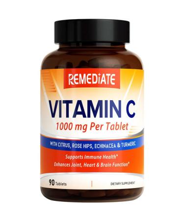 Vitamin C 1000mg by REMEDIATE with Citrus Bioflavonoids Rose hips Echinacea & Turmeric Immune Support Equal to 10 Oranges Non-GMO 90 Vegan Tabs