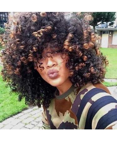 Goodly Short Afro Wigs For Black Women Curly Wigs with Bangs Synthetic Kinky Curly Hair Wig Full Wigs(brown)