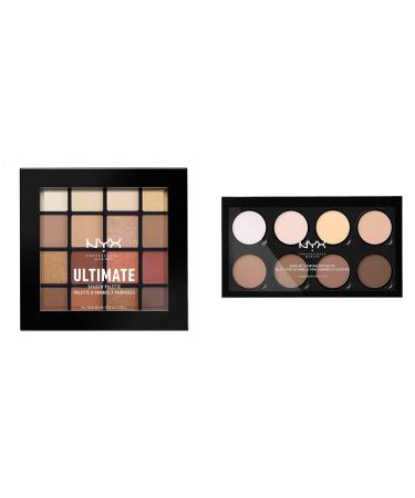 NYX Professional Makeup Highlight & Contour Pro Palette & Ultimate Shadow Palette eyeshadow palette 16 colors shimmering and metallic individual finish vegan formula warm neutral powder contours set bundle with shadow pallet