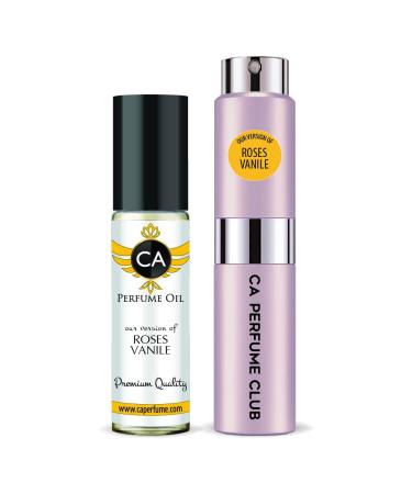 CA Perfume Duo Impression of Roses Vanile For Women Eau de Parfum Refillable Atomizer Sprayer + Fragrance Body Oil Long Lasting Sample Travel Size Roll-On Bottle 0.27 Fl Oz+0.33 Fl Oz