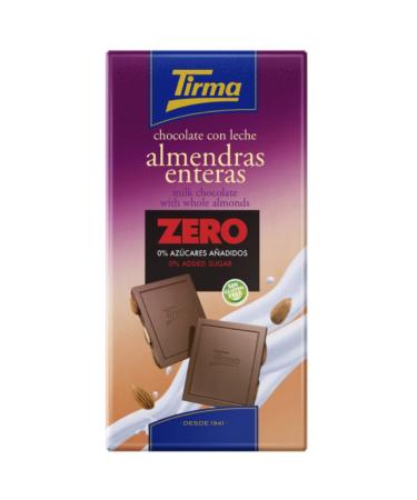 Tirma Zero No Sugar Added Milk Chocolate Bar with Whole Almonds 125g| Diabetic Friendly | Vegetarian Snack | Gluten Free Choc