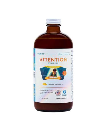 LIQUIDHEALTH 16 Oz Attention Calm Kids Children Teens Liquid Multivitamin Focus Memory Supplement Concentration Vitamins Support Vegan Sugar-Free Mango Tangerine - 16 Fl Oz (Pack of 1)