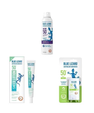 BLUE LIZARD Sport Spray Sunscreen SPF 50+ 5 Fl Oz & Sheer Face Lotion - SPF 50+ 1.7 Oz & Mineral Sunscreen Stick 0.5 oz