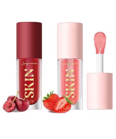 2 Pack Big Brush Head Lip Gloss Hydrating Lip Oil Set Pink Clear Fruit Flavoured Plumping Lip Gloss Moisturizing Non-Sticky Fresh Texture Lip Blam (Cherry+Strawberry)