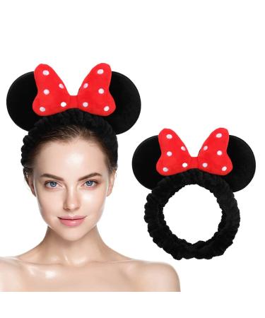 JIAHANG Mouse Ears Facial Spa Headbands  Coral Fleece Wash Face Hair Band  Velvet Bow Shower Hair Band for Girls Women Make up Hair Accessories (Velvet Red Bow)