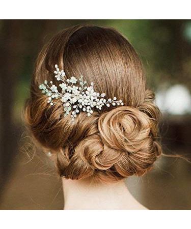 Kercisbeauty Wedding Bridal Bridesmaids Flower Girl Mint Green Crystal Comb Bridal Hair Comb Headpiece Long Curly Bun Hair Accessories Rustic Vintage (Silver)