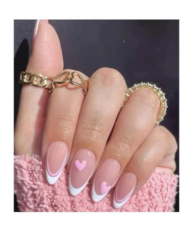 Press on nails Long Fake Nails Acrylic French Pink Heart Almond Pink Line White Edge Exquisite Luxury Design Fashion Nail Decoration for Women and Girls 24 Pcs white pink