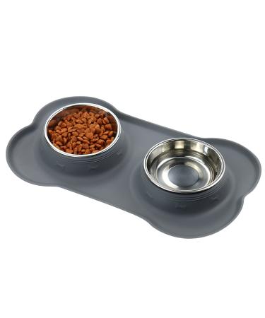 Dog Bowls, Cat Food and Water Bowls Stainless Steel, Double Pet Feeder Bowls with No Spill Non-Skid Silicone Mat, Dog Dishes for Small Medium Dogs Cats Puppies, Set of 2 Bowls S-6oz,Bone shape Grey