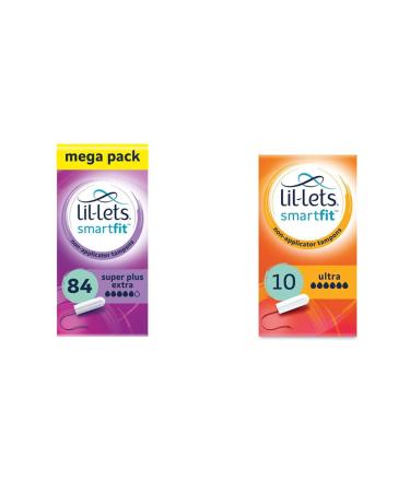 Lil-Lets Non-Applicator Super Plus Extra Tampons X 84 | 6 Packs of 14 | Very Heavy Flow & Non-Applicator Ultra Tampons Pack of 10 + Ultra Tampons