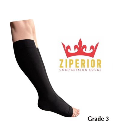 Ziperior Open Toe Compression Socks 30-40 mmHg Grade 3 | Inside Leg Calf Zipper | Black Large-X-Large - Buy Online on GoSupps.com