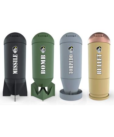 Battle Shakers Arsenal - Set of 4 Military Shaker Bottles 20 oz - Missile, Bomb, Torpedo, Bullet - Protein Cup with Storage Compartment - Dishwasher Safe & BPA Free - Buy Online on GoSupps.com