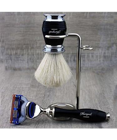 4 Pc Men's Shaving Kit | 5 Edge Razor White Badger Hair Brush Stand & Alum Pencil - Perfect Grooming Set - Buy Online on GoSupps.com