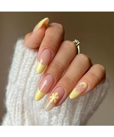 French Tip Press on Nails - Mid Length Press On Nails with Nail Tips Yellow Small Flower False Nail almond shaped Design press on nails Acrylic False Nails Cute Artificial Nails