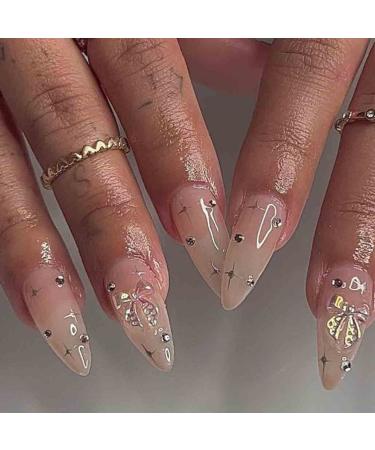 Foccna Clear Press on Nails Medium Nude Fake Nails Almond Acrylic False Nails Artificial Glue on Nails for Women and Girls 24 pcs