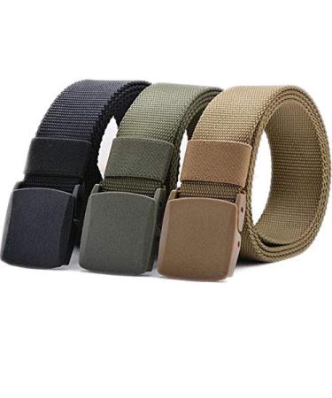 3Pack Nylon Military Tactical Men Belt, Webbing Canvas Outdoor Web Belt with Plastic Buckle Fits Pant Up to 45"