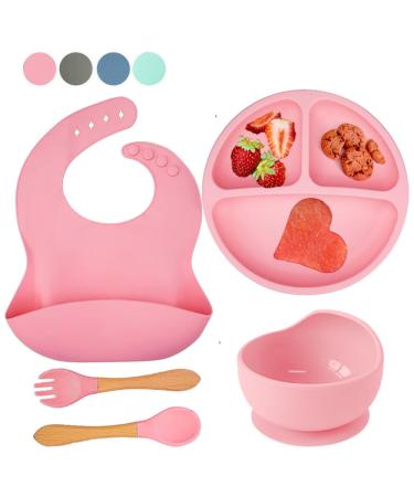 SilverStaar Baby Weaning Set Silicone Suction Plate Baby Suction Bowl Spoon Fork and Matching Bib - Super Detachable Suction Base Baby Feeding Set for Babies and Toddlers (Pink)