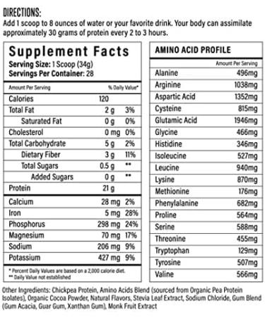 Organic Vegan Chickpea Protein Powder - All-Natural Chocolate Flavor 21g Protein & Only 2 Net Carbs | Sport Formula - Buy Online on GoSupps.com