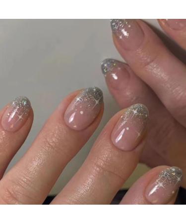 Magrace Press on Nails Short Almond Fake Nails French Tips Full Cover Short Round False Nails with Designs 24 Pcs Stick on Nails for Women and Girls A-102