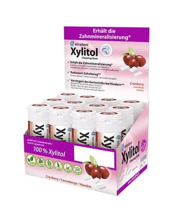 Miradent xylitol dental care chew cranberry display 12 St. |Fruity taste |Sugar -free |Vegan |Caries prevention |on the go - Buy Online on GoSupps.com