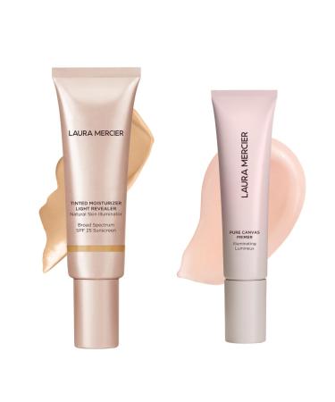 Laura Mercier Tinted Moisturizer Light Revealer with SPF 25 Luminous Finish Shade 3W1 Bisque and Pure Canvas Primer Illuminating Improves and Extends Wear of Makeup Radiant Finish Bundle