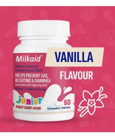 Milkaid Junior Lactase Enzyme Chewable Tablets for Lactose Intolerance | Prevents Gas, Bloating, Diarrhea in Children| Fast Acting Dairy Digestive Supplement for Kids| 60 ct (60 Tablets, Vanilla) Vanilla 60 Count (Pack of 1) - Buy Online on GoSupps.com