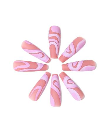 Brishow Long Press On Nails - Pink Lines Ballerina Acrylic Fake Nails | 24 Pieces for Women & Girls | International Shipping - Buy Online on GoSupps.com