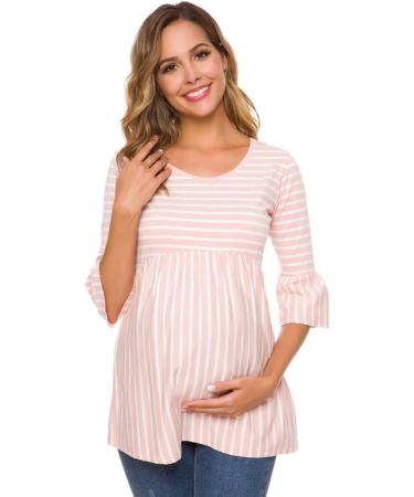 Love2Mi Women Maternity Blouse - Striped Maternity Shirt 3/4 Bell-Sleeve - S Pink Stripe - Buy Online on GoSupps.com