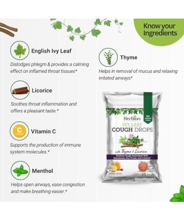 Herbion Naturals Ivy Leaf Cough Drops - Honey Lemon Flavor with Thyme & Licorice | Soothes Cough for Adults & Kids | Non-Drowsy | 25 Drops (Pack of 6 - Buy Online on GoSupps.com