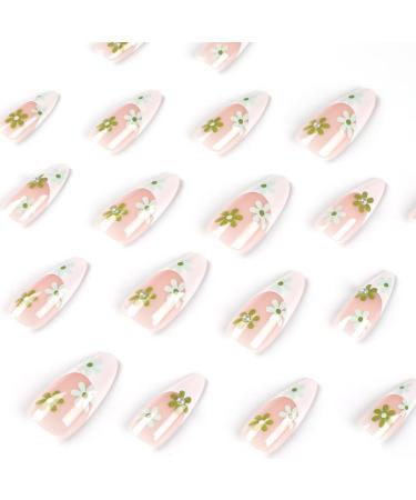 24PCS Medium Almond Glossy Flower Press On Nails - Green & White Spring Nail Decoration - Fake Nails with Glue - Women's Manicure - Buy Online on GoSupps.com