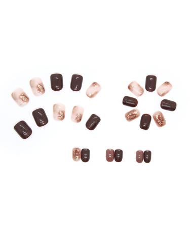 Gold & Brown Short Press On Nails - 24PCS Reusable Artificial Acrylic False Nails for Women - Buy Online on GoSupps.com