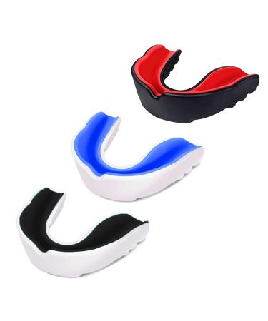 3 Pack Kids Youth Mouth Guard Football Sports Braces Mouthguards for Mouthpiece Boys Teeth for MMA Boxing Rugby Kickboxing Taekwondo Softball Lacrosse to Braces EVA Double Colored Red, Black, White, Blue