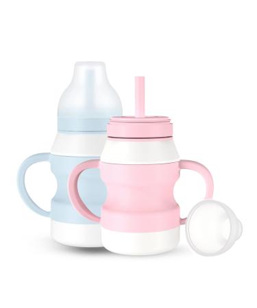 ANTUREBAY Toddler Cups with Straws  Silicone Spill Proof Sippy Cup with Removable Handle  Training Drinking Cup For Baby6+ Months 6 oz (Pink) (Blue&Pink)