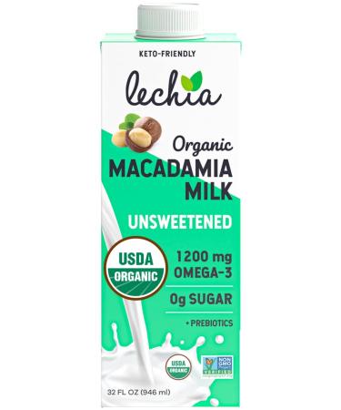 Lechia Organic Macadamia Milk Unsweetened, 1200mg Omega-3, Non Dairy, Lactose Free, Vegan, Plant Based, Gluten Free, Soy Free, Kosher, Non-GMO, Shelf-Stable, Low Carb, Zero Sugar, Keto, 32oz (6 Pack) Macadamia Unsweetened