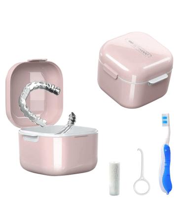 Denture Bath Box Cup Portable Denture Case with Strainer Basket False Teeth Storage Box Holder Retainer case Cleaning Soak Cup With braces chewable tablets and Extractor toothbrush(Pink) Pink bath cup