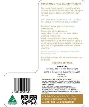 Nontre Laundry Liquid Concentrate - Fragrance-Free Non-Irritant & Phosphate-Free for Sensitive Skin - 1L (33.8 FL Oz - Buy Online on GoSupps.com