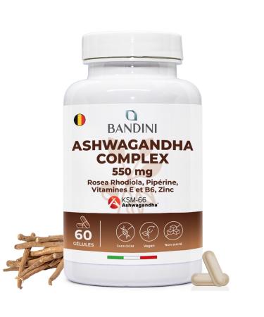 BANDINI Bandini Ashwagandha KSM-66 Complex with Rhodiola Rosea Zinc Vitamins E and B6 Withania Somnifera High Dosed 60 Vegan Capsules Natural Dietary Supplement No Additives