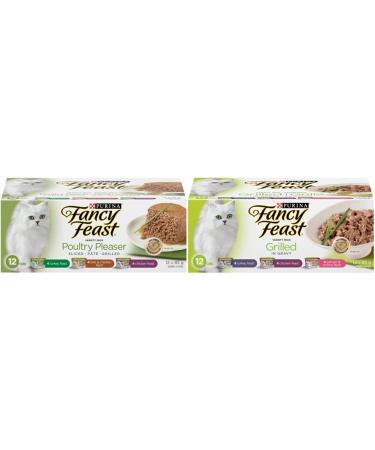 Fancy Feast Wet Cat Food Poultry Pleaser Variety Pack 85 g Cans (12 Pack) & Fancy Feast Wet Cat Food Grilled in Gravy Variety Pack 85 g Cans (12 Pack)
