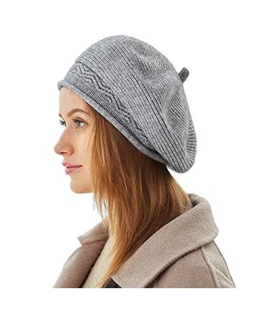 Beret Hat for Women, French Style Beanie Winter Fashion Warm Wool Lining Knit Cap Grey