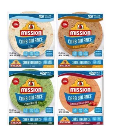 Mission Carb Balance Tortilla Variety Pack - Flour, Whole Wheat, Spinach Herb, and Tomato Basil 12 Ounce (Pack of 4)