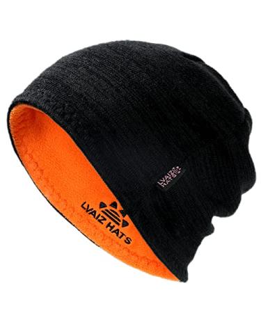Lvaiz Winter Fleece Lined Knitted Beanie Hats for Men Reversible Windproof Watch Hat Warm Skull Cap for Women Black+orange One Size