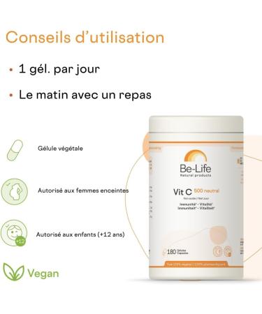  Be-Life BE-LIFE | VIT C 500 Neutral | Dietary Supplement | Immunity & Vitality| Supports Vitality & Maintains Immune System Reduces Fatigue | High Vitamin C Concentration | 180 Capsules - Buy Online on GoSupps.com