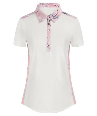JACK SMITH Womens Golf Shirts Short Sleeve Color Block Snap Sports Polo Shirt Moisture Wicking Lightweight Active Top Large White/Pink Print