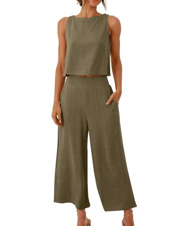 Women's Summer Two Piece Set - Sleeveless Crop Top and Capri Pants in Khaki - Size Medium - Buy Online on GoSupps.com