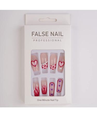 Xerling 24Pcs Press On False Nails with Rhinestones - Red Heart Butterfly Coffin Fake Nails for Women & Girls - Full Cover Stick-On Nail Art (Pattern E - Buy Online on GoSupps.com