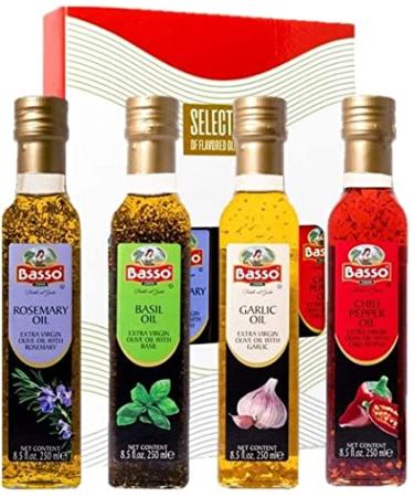 4 Bottle Tasting Set, Gift Box included, Garlic, Rosemary, Basil, Chili Pepper, Naturally Infused Flavored Extra Virgin Olive Oil for Dipping & Tasting, All Natural, Great Corporate Gift, 4 bottles x 8.5 fl.oz (250ml)