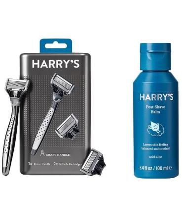 For Men's Harry's Manual Craft Razor Handle and Two 5-Blade Razor Cartridges Metallic with Men's Post-Shave Balm with Aloe 3.4 fl oz