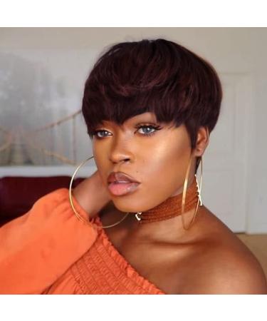 Creamily Pixie Cut Human Hair Wigs for Black Women None Lace Front Wig Burgundy Short Layered Pixie Wig with Bangs for Daily Wear