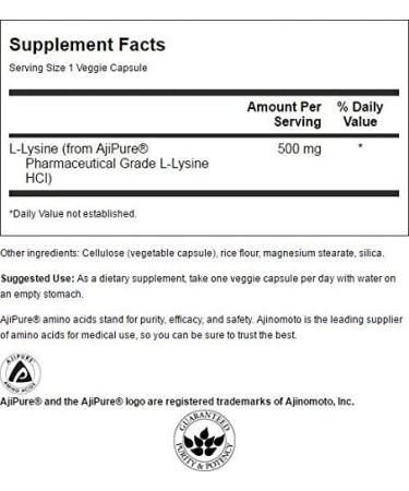 Swanson Ajipure L-Lysine 500mg Pharmaceutical Grade - 90 Veg Capsules - Buy Online on GoSupps.com